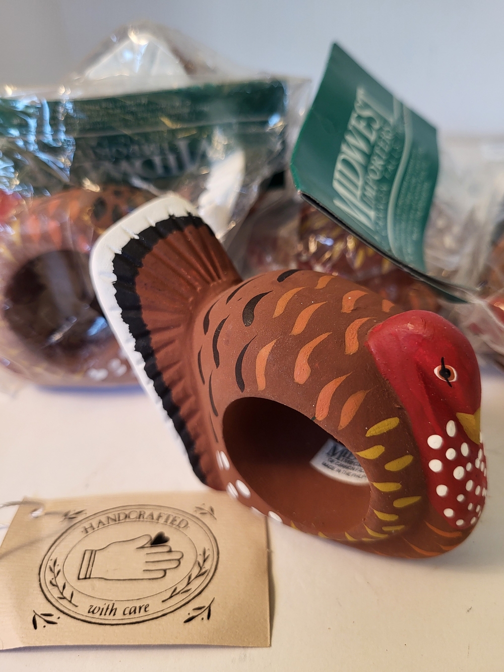 Vintage Midwest Cannon Falls S/8 Wood Turkey Napkin Rings Thanksgiving NIP
